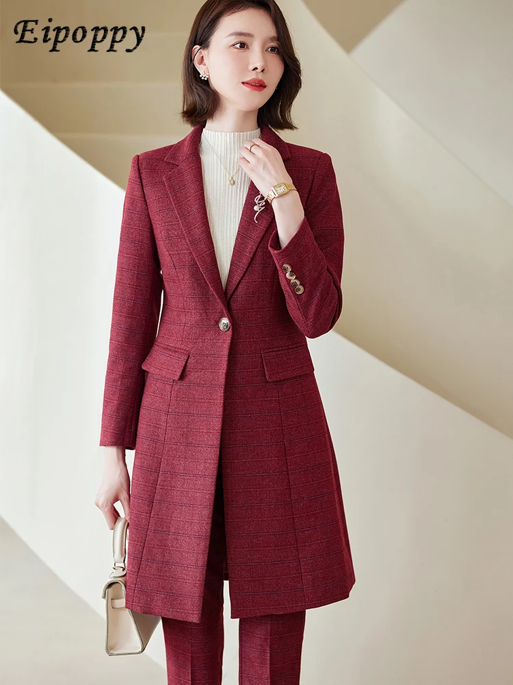 Women Work Business Wear Pant Suit Red Blue Black Coffee Plaid Long Blazer 2 Pieces Set Female Office Ladies Jacket and Trouser