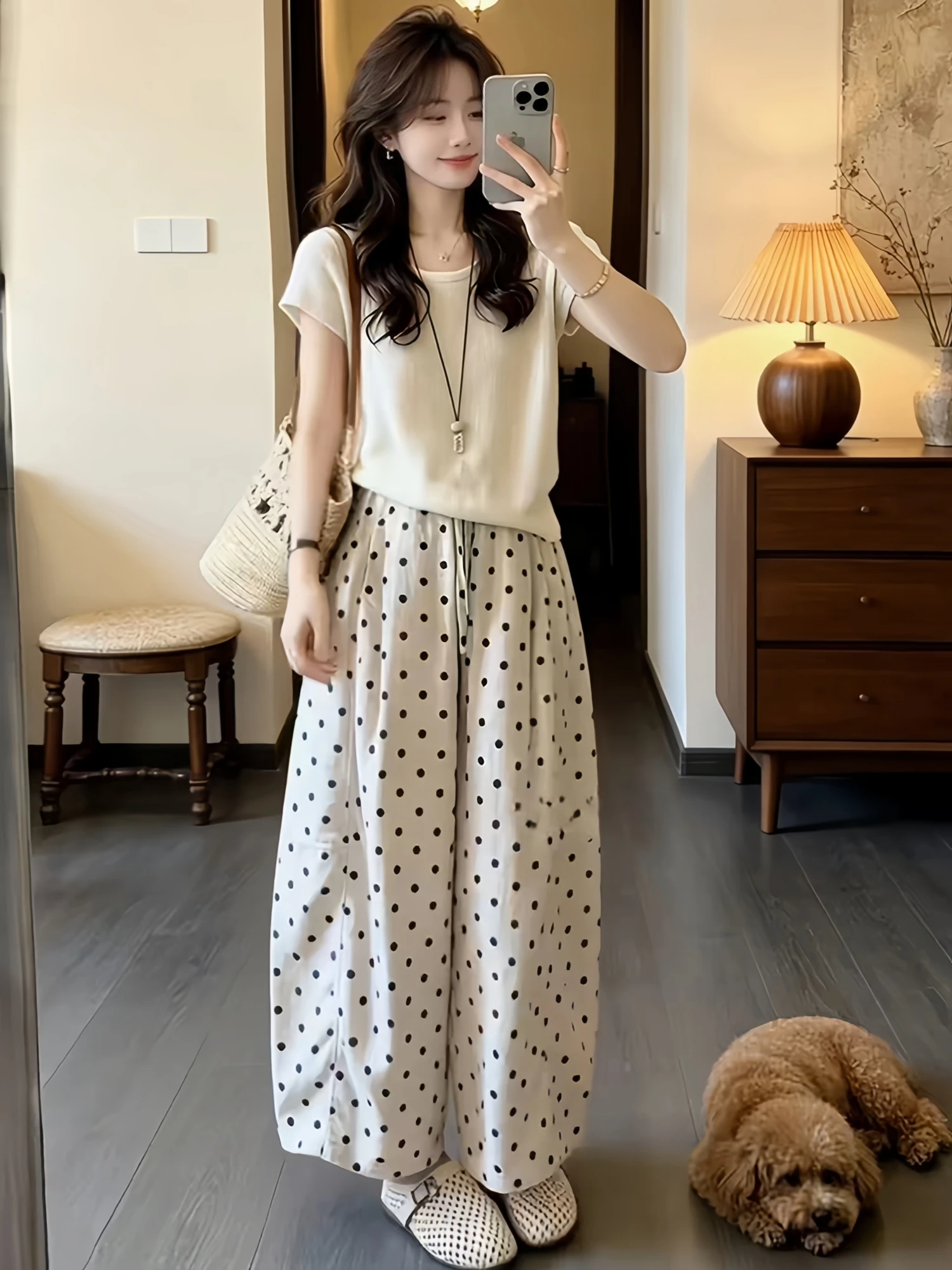 

Summer 2026 Unique Beautiful Women's Knitted Top And Wide Leg Pants Polka Dot Casual Thin Set Fashionable Two Piece Suit
