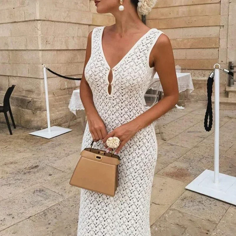 Einfarbig Hohl Gestrickte Strand Urlaub Kleid Elegante Ärmellose Dünne Cover-up Kleid Frauen Sexy Perspektive Bademode Kleid