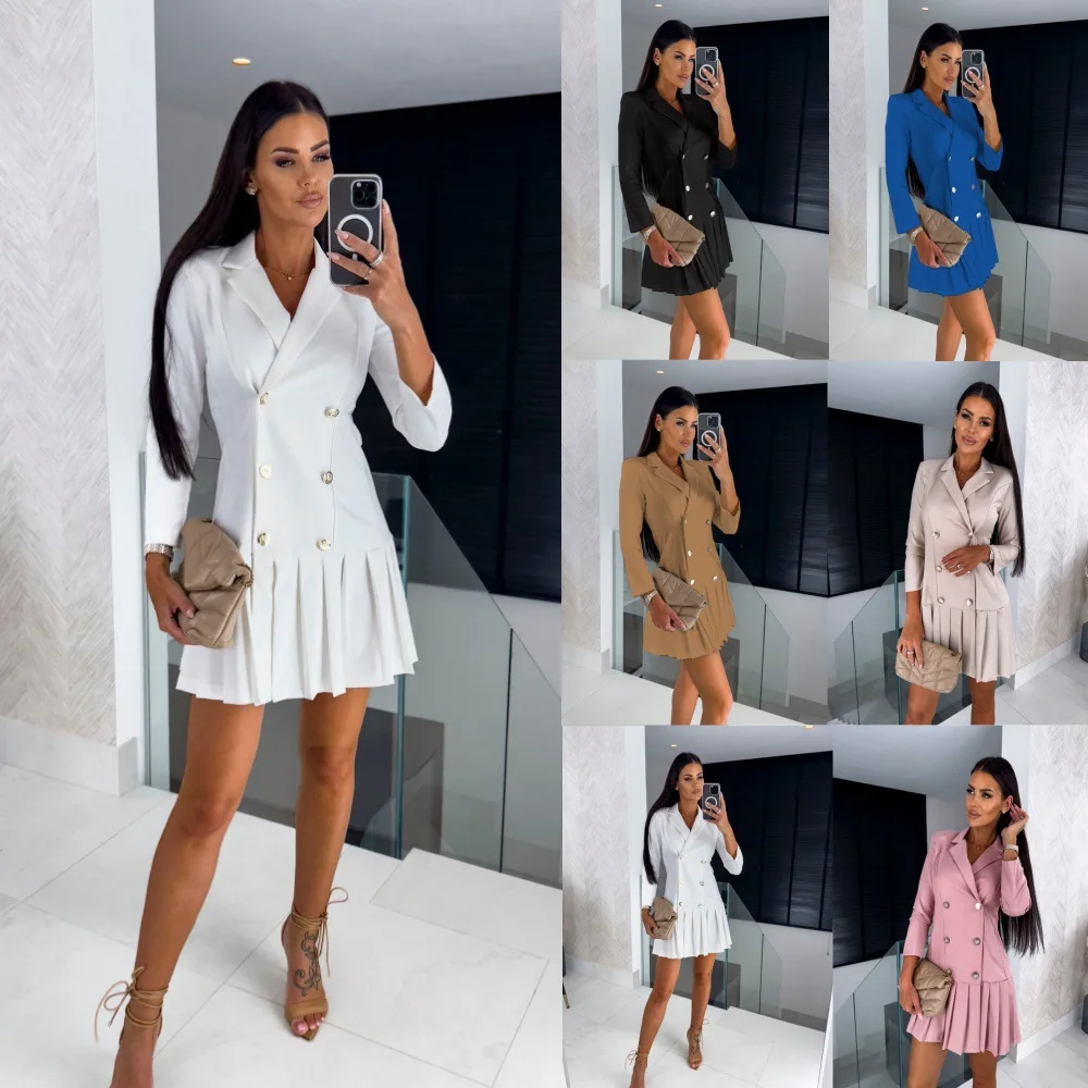 Women Fall Fashion Pleated Blazer Dress Double Breasted Long Sleeve Lapel office lady  workwear Mini Suit short Dresses vestido