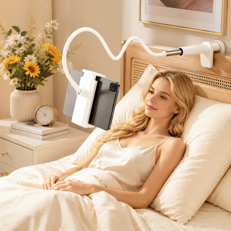

120CM Phone Tablet Holder, Flexible Long Arm with 360° Rotating Clip, Bed Clip & Desktop Stand, Universal Bracket for iPad