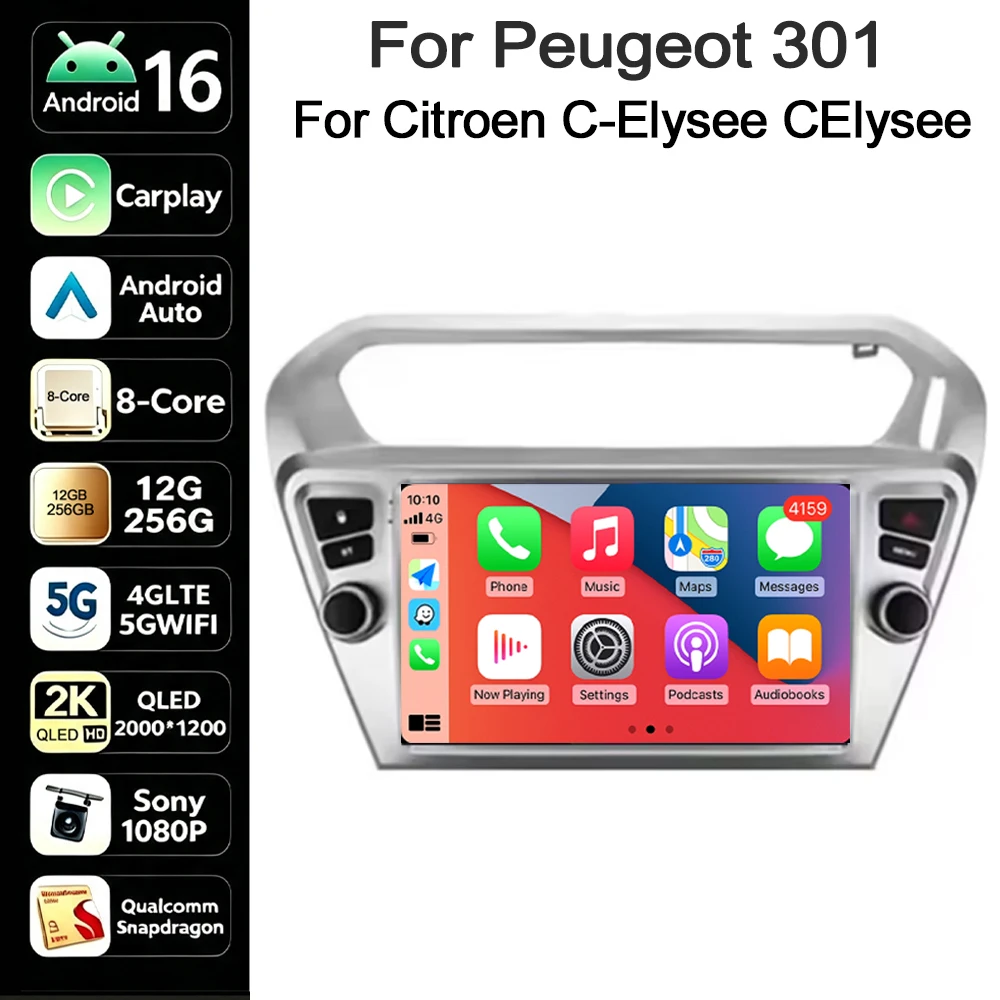 2K CAR 4G Auto Radio Stereo GPS Android 16 Carplay For Peugeot 301 For Citroen C-Elysee CElysee 2012 - 2016 Navigation Player