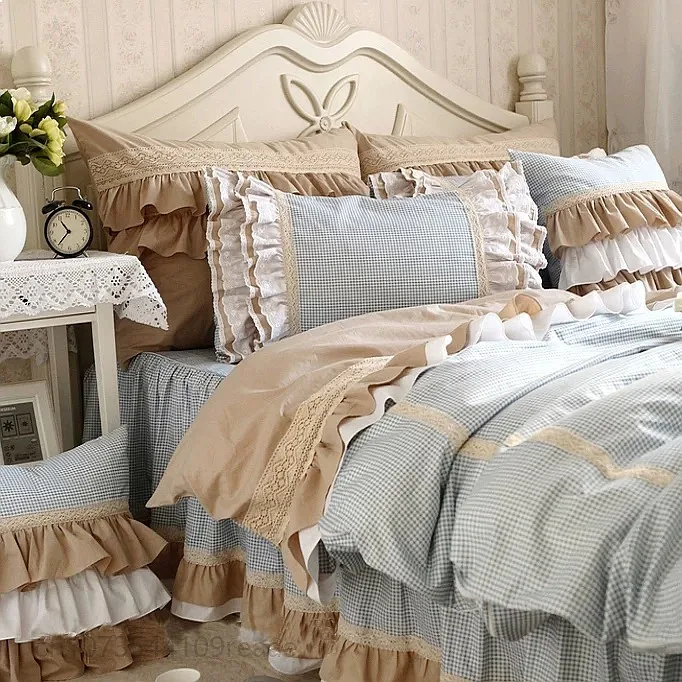 Korean Classic Plaid Lace Ruffle Cotton Bed Skirt Duvet Cover 4Pcs Bedding Set