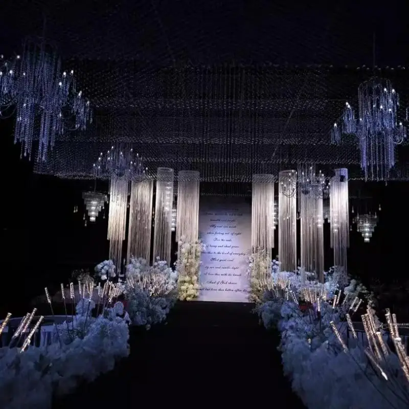 3PCS ホワイト暗号化ラインカーテン、結婚式場の背景、ステージ背景装飾、天井装飾、糸小道具、