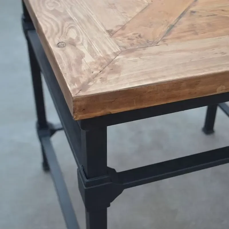 HL411 Allan French Style Industrial Iron Frame Reclaimed Pine Wood Top Antique Metal Hollow Square Console Table Side Table