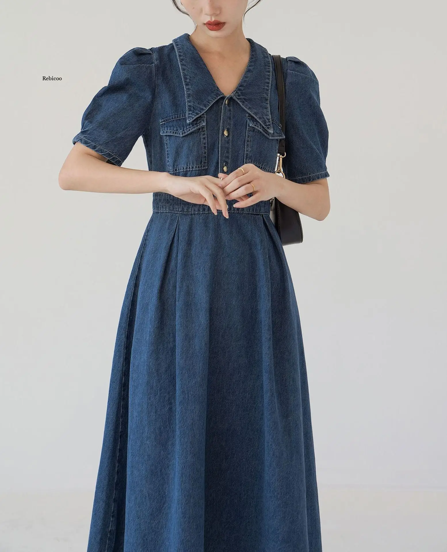 New Vintage  Single-breasted Original Women Denim Dress Elegant Fashion Temperament Long Skirt Early Spring Baggy Cheongsam