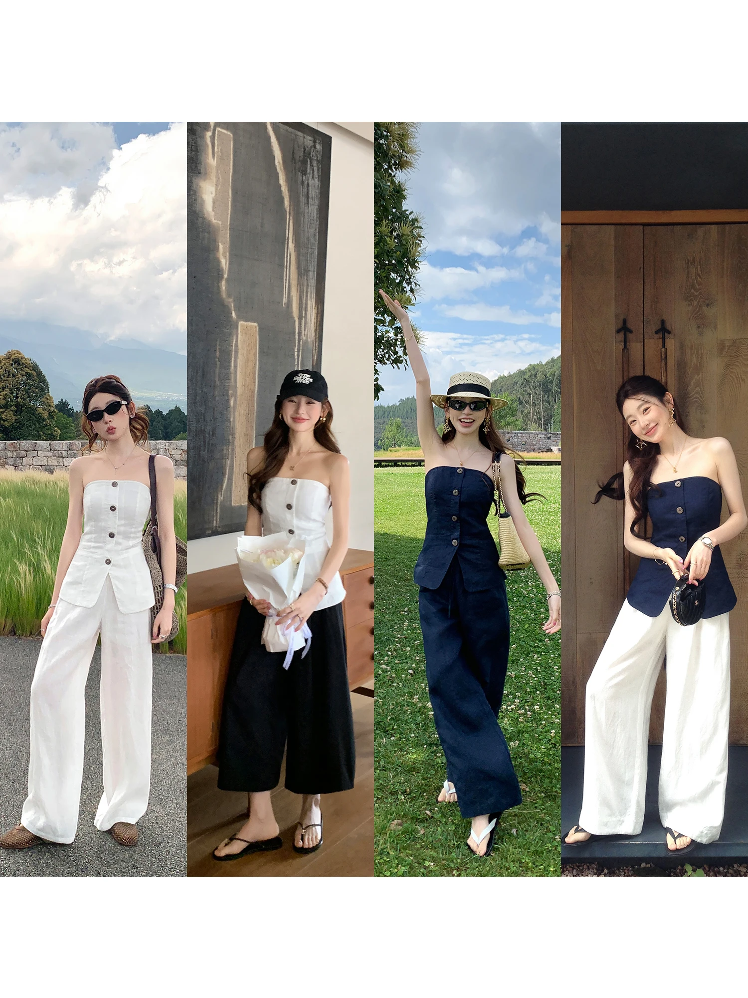 Pusumede Linen Crop Top And Vest Set Women's Casual Loose Wide Leg Pants Outfit Summer Short Sleeve Comfortable Fashion Set