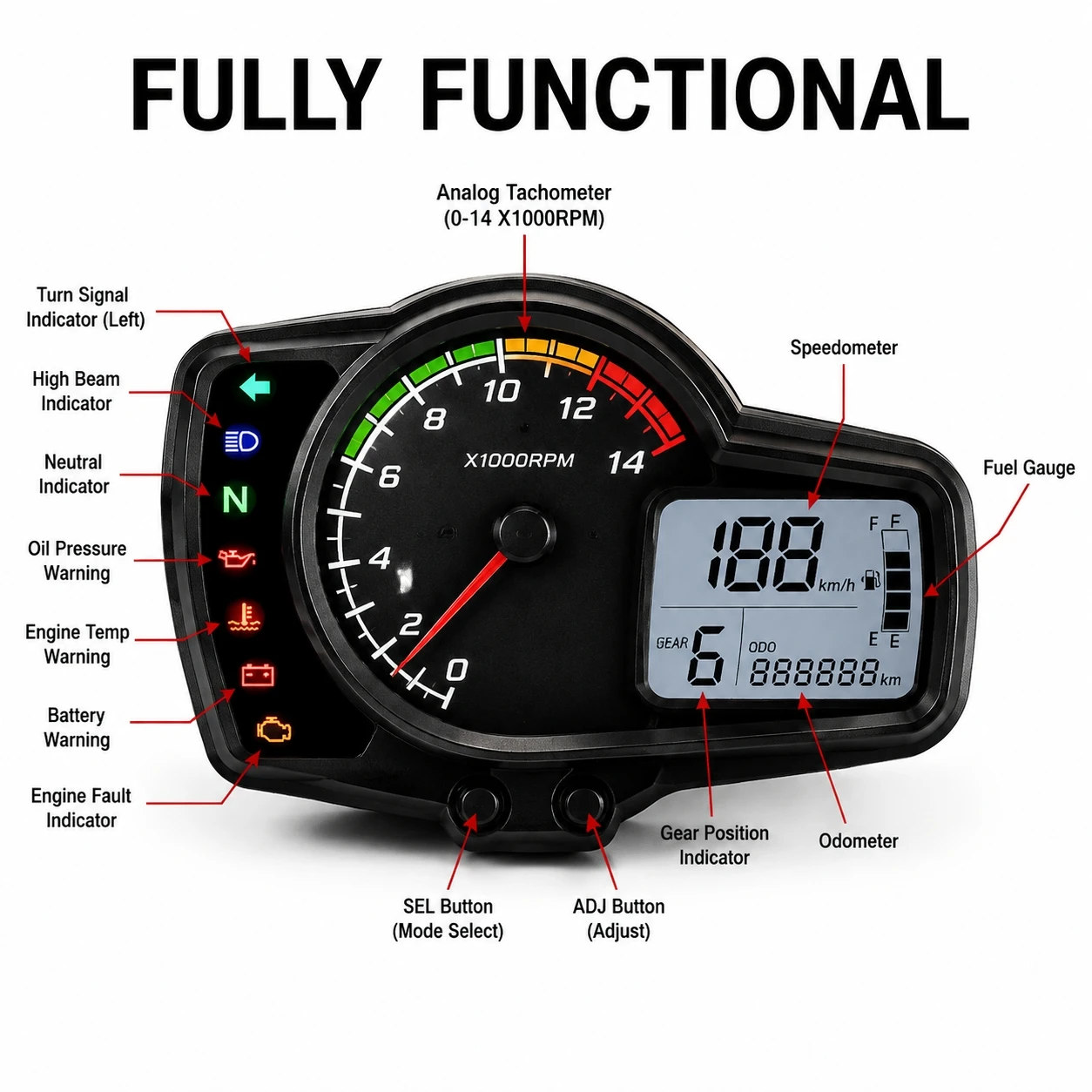 12V Motorbike Modified Multi-Function LCD Instrument Analog RPM Pointer Max 14000RPM Max 299km/h 7 Colors Backlight Speed TRIP O