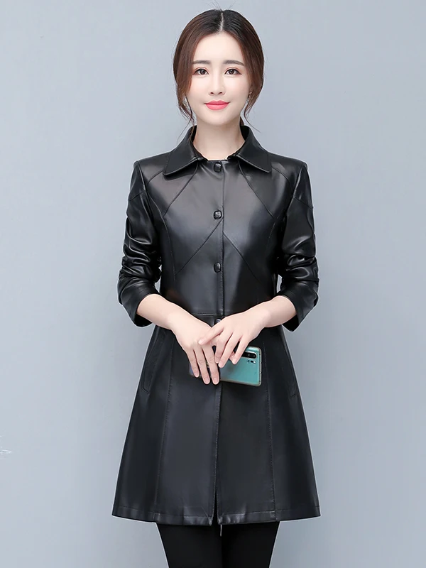 Manteau long en cuir d'agneau véritable pour femme, version coréenne, coupe ajustée, collection Printemps 2025, Haining Leather Outerwear