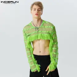 2023 Men T Shirt Mesh Tassel Hollow Out Transparent Male Crop Tops O-neck Long Sleeve Sexy Streetwear Camisetas S-5XL INCERUN 7