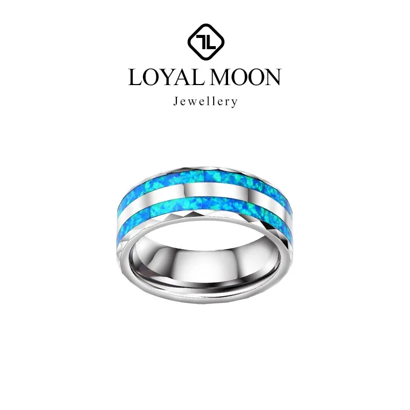 

Loyal Moon Tungsten Rings For Men Women Wedding Inlay Two Pcs Blue Opal 8mm Width Personalized Jewelry, Engraving