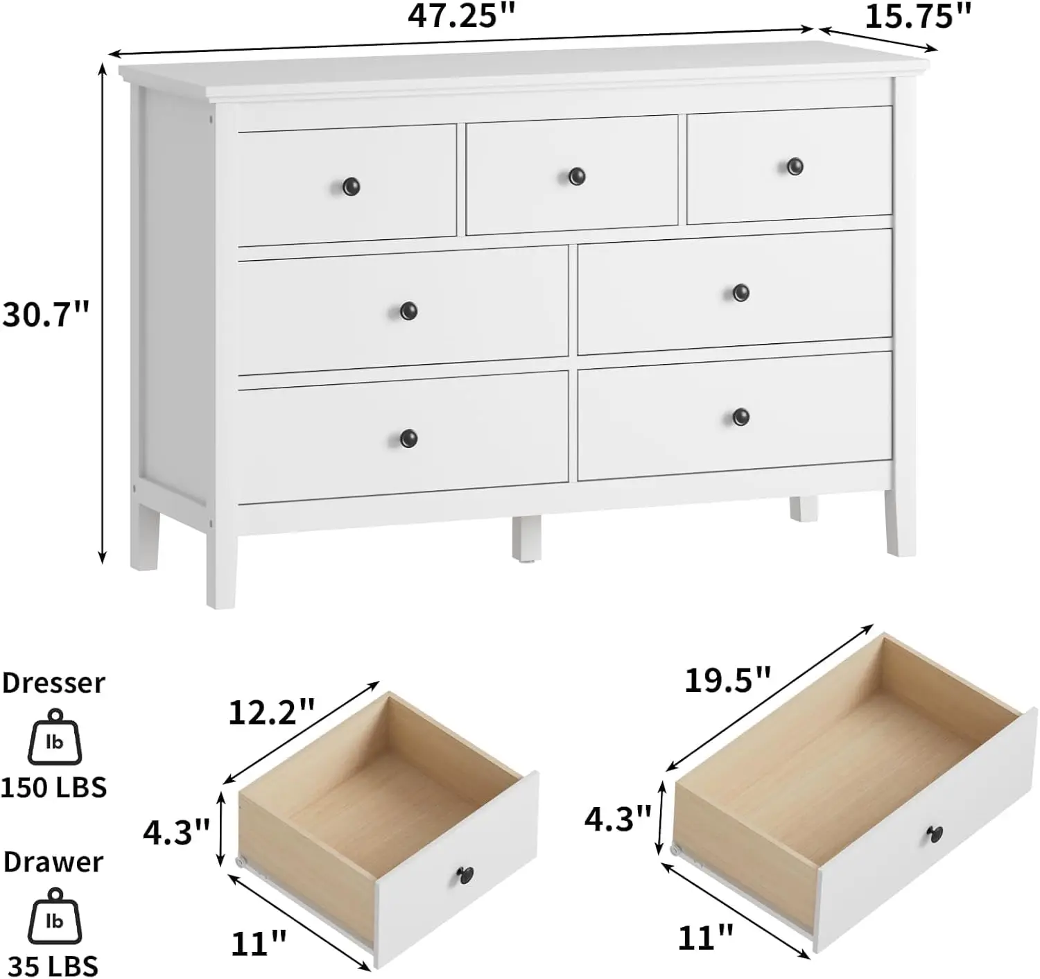 Белый комод для спальни, комод с 7 ящиками
