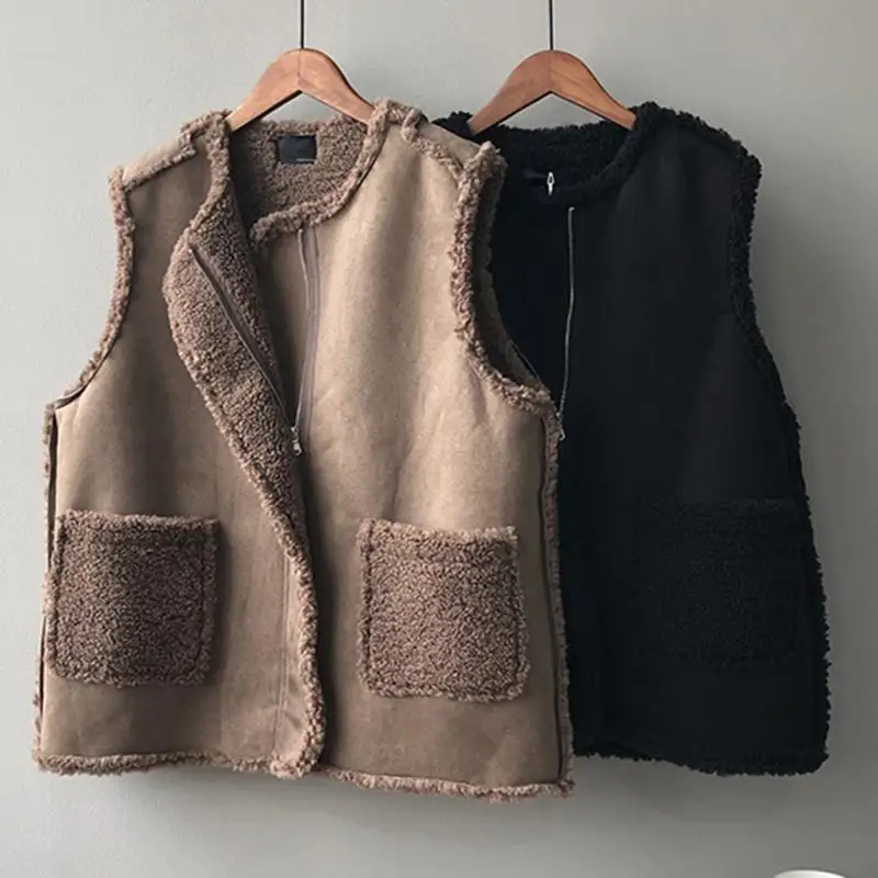 Korean style Women Faux Lamb Wool Vest Tops Sleeveless Winter Coat Gilet Femme Fashion Brown Jackets Thicken Outerwear