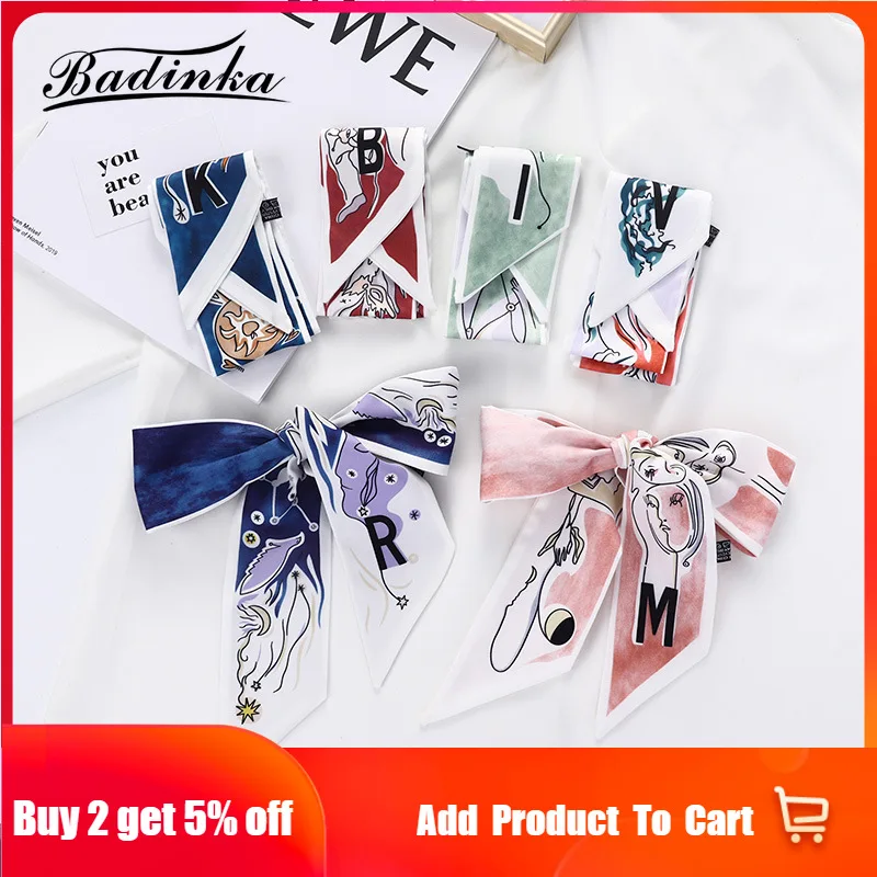 26 Initial Letter Silk Hair Satin Scarf Bag  Skinny Scarves Design Wrist Towel Foulard Neckerchief Headband for Ladies 2022