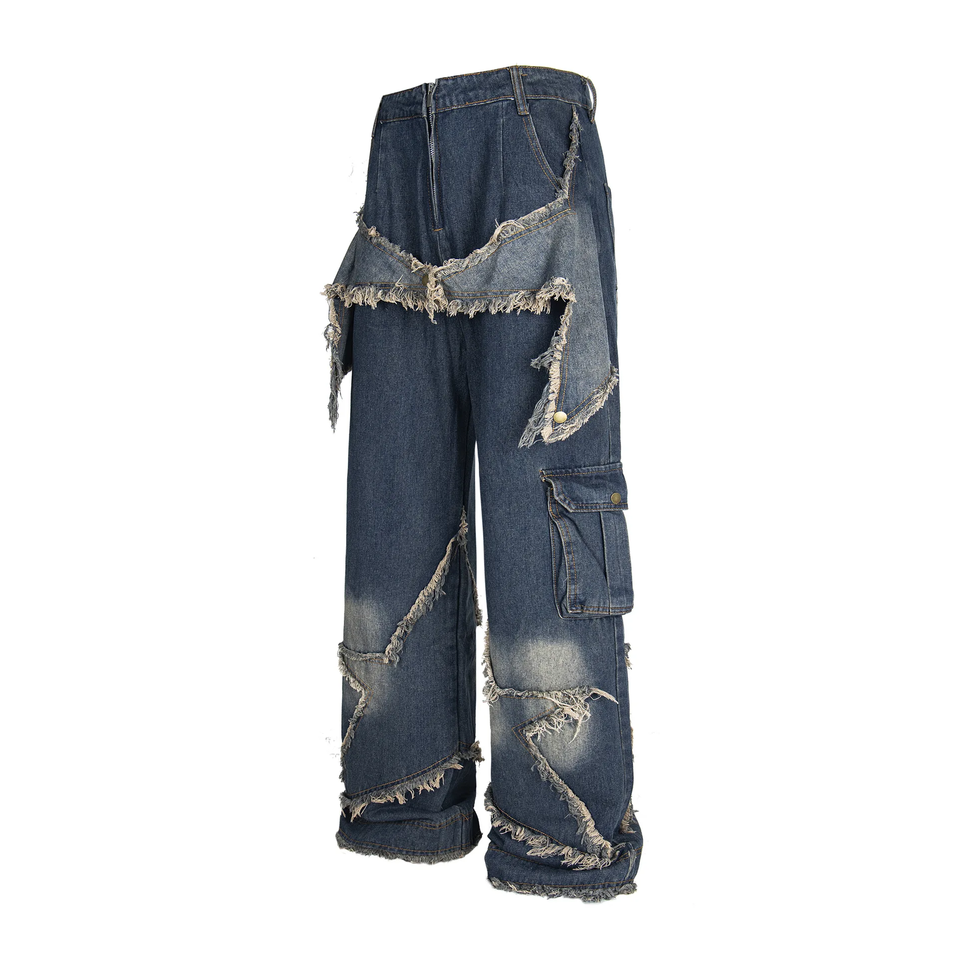 Fashion Oversized Hip Hop Jeans Pants With Star Patchwork Loose Fit Cargo Denim Trousers High Waist Baggy Jean Bottoms