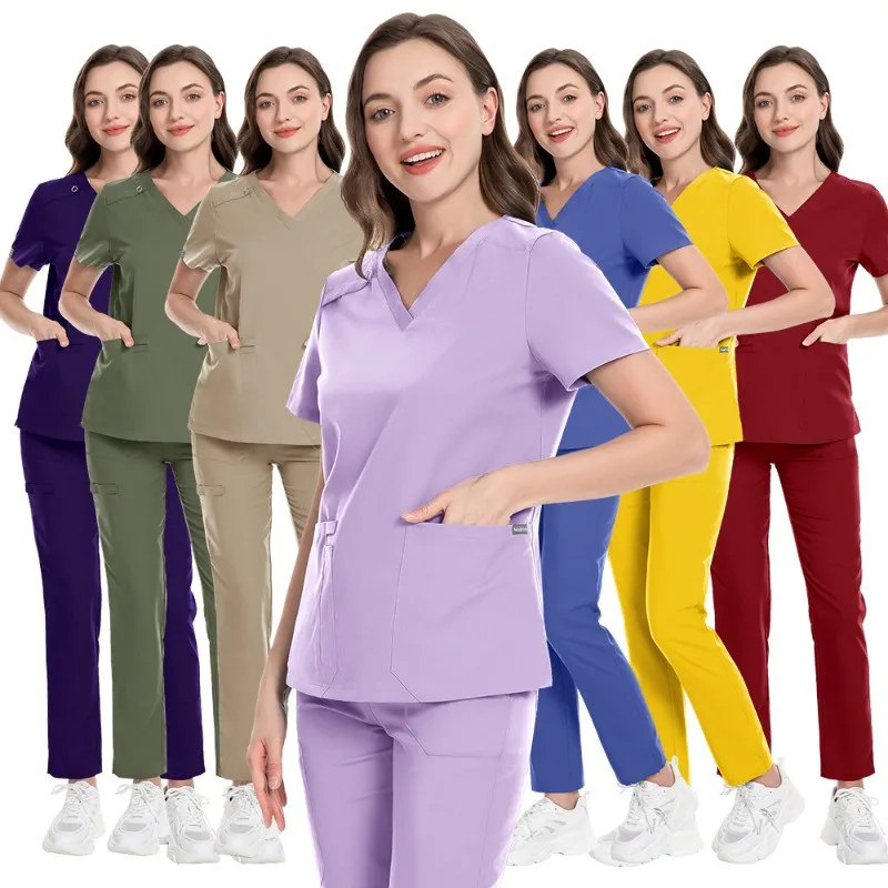 Multicolour Jogger Suits Doctor Nursing Uniforms Short Sleeve V-neck Tops Pocket Pants Nurse Scrubs Set Medical Clinical Clothes