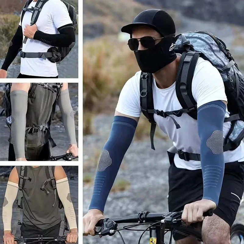 

2PCS Ice Silk Sunscreen Sleeves Men's Cycling Sports Elastic Arm Guards Quick-drying Sweat-absorbent Cooling Sleeves Cover