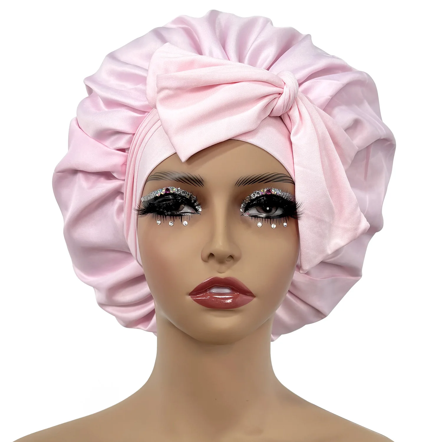 Schlafhaube für Damen, geeignet für lockiges Haar, verstellbare Satin-Schlafmütze mit Augenmaske und Haargummi, elastisch, schont das Haar, Haarpflege-Nachtmütze. – Detail 3