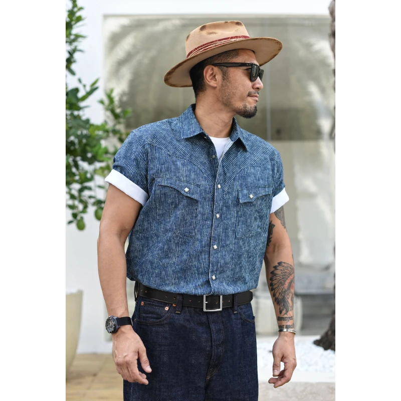 Men's Short Sleeve Striped Casual Shirt Dyeing Pattern American Style Vintage Breathable Cotton Summer Shirt Open Cardigan
