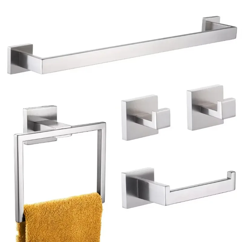 

Bath Towel Bar Set Toilet Paper Holder Towel Holder Towel Ring Coat Hook x 2 Brushed Steel B09A5-BR