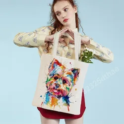 Women Cute Cartoon Pet Dog Shoulder Bags Eco Shopping Bag Canvas Tote Reusable Watercolor Animal Fashion Lady Shopper Handbag