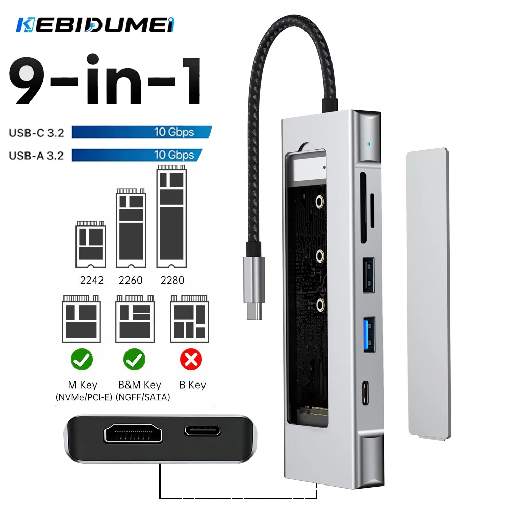 KEBIDUMEI M.2 SSD Enclosure USB C Hub Splitter PD100W Extension Docking Station 10Gbps M2 NVMe External Case 4K 60HzHDMI Adapter
