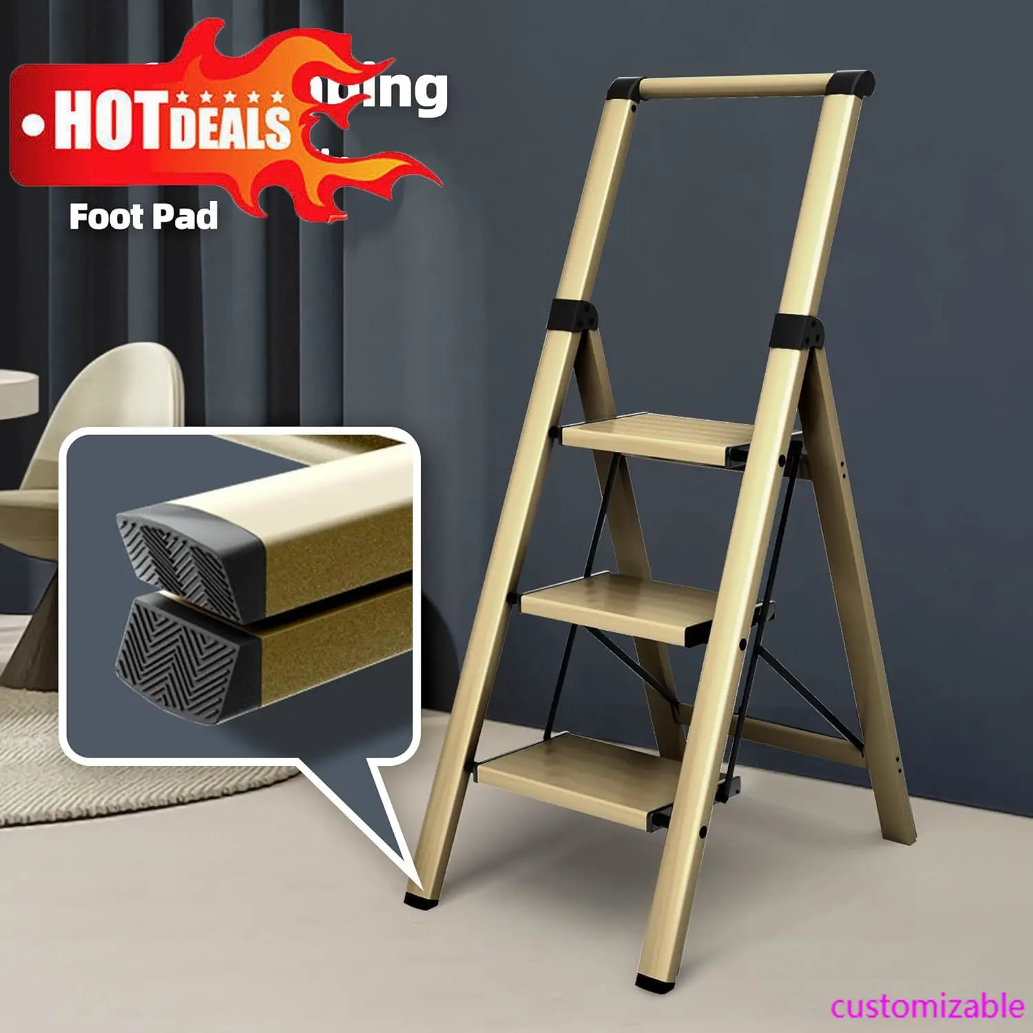 سلم ألومنيوم قابل للطي بثلاث خطوات مع مقبض يد، خفيف الوزن ومحمول للمنزل والمطبخ والمكتب والمرآب (ذهبي)