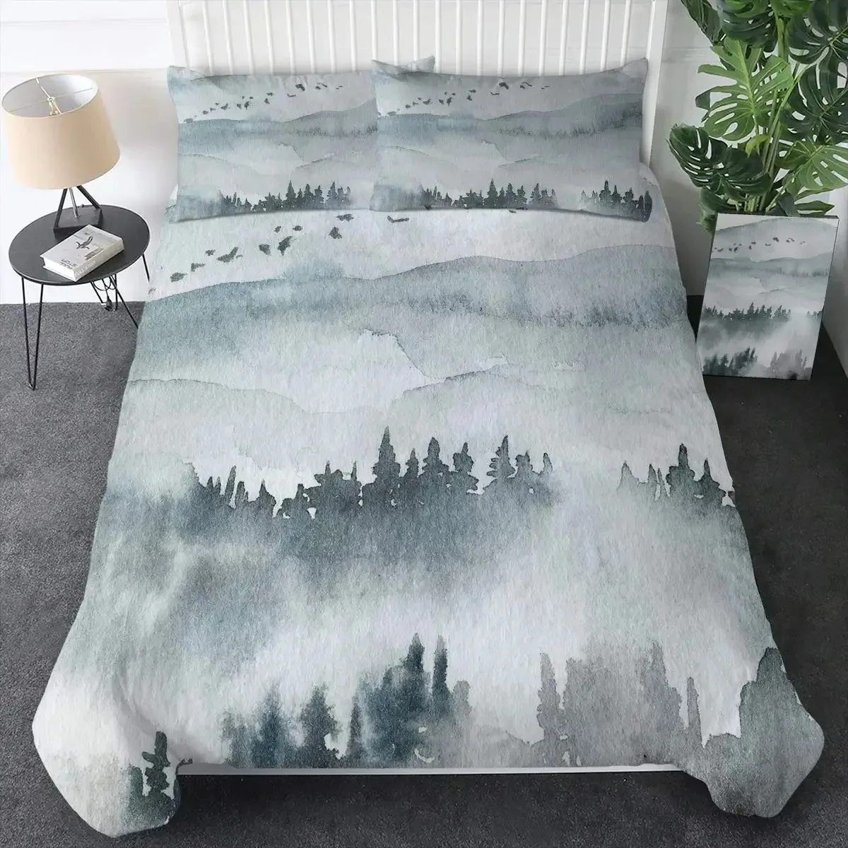 Smoky Mountain Duvet Cover Set Misty Forest Bedding Set Full Queen Size Grey Trees Natural Scenery Art Comforter Cover