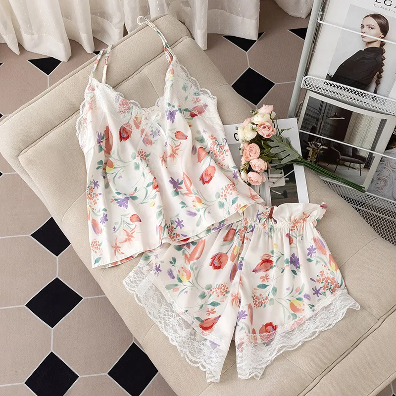 

Satin Print Flower Pajamas Pour Femme 2PCS PJS Set Women Sleepwear Home Clothes Stap Camisole&Shorts Suit V-Neck Loungewear