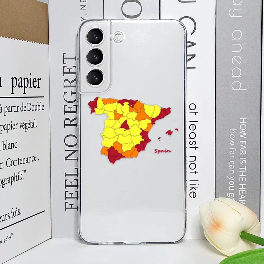 Fashion Spain Map Plane Travel Phone Case for Samsung Galaxy S24 S23 S22 S21 S20 Ultra Plus FE Clear Soft Cover Fly Ticket Funda