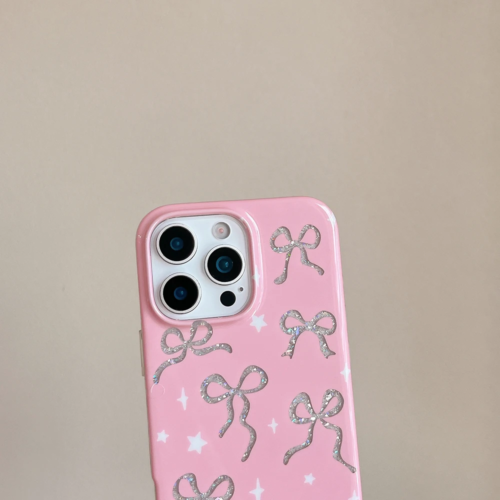 Casing HP Pink Pelindung Anti Benturan dengan Hiasan Pita Berongga dan Glitter untuk iPhone 13 15 14 16 17 Pro Max, Cover Cantik Berkilau