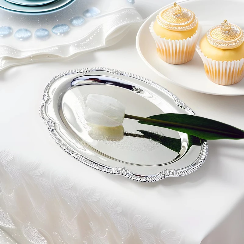 Plateau de service vintage en argent gaufré pour desserts, rangement de bijoux, organisateur, assiette à collations, décoration de table à manger