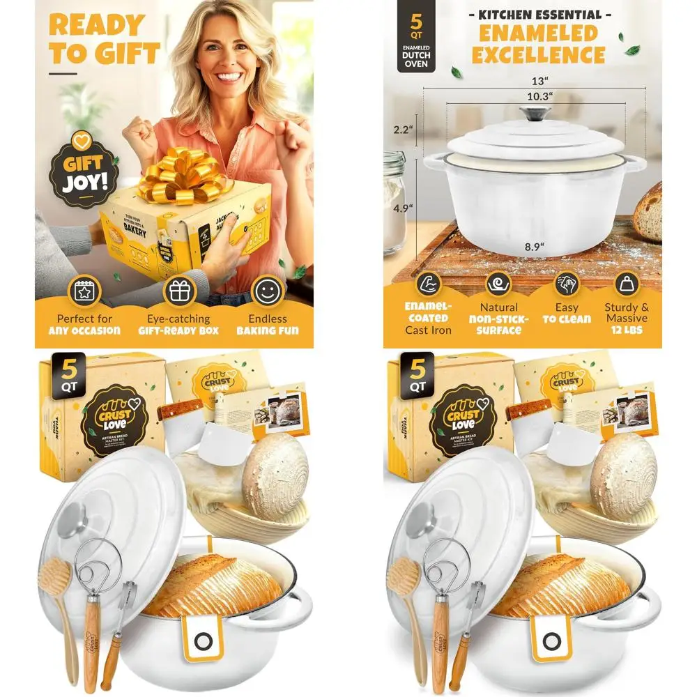 

Enameled Cast Iron Dutch Oven, 5QT, for Bread Baking with Lame and Banneton for Sourdough Proofing