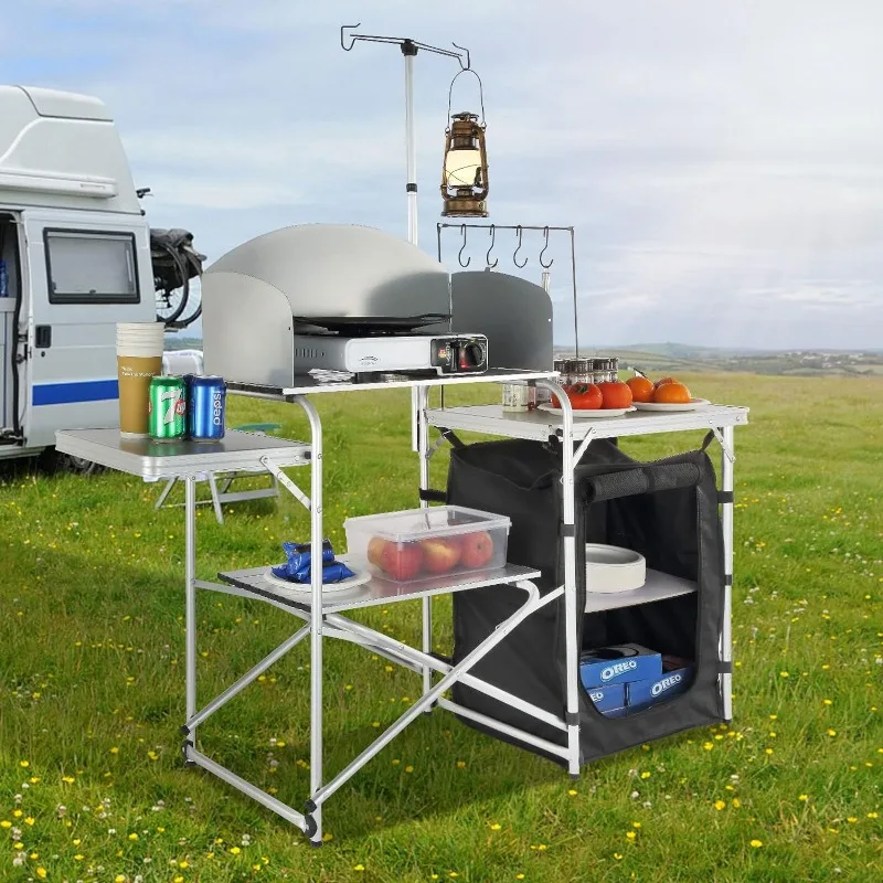 

Camping Kitchen Table, Aluminum Portable Folding Camp Cook Station with Windscreen, Cupboard, Storage Organizer, Carrying Bag,