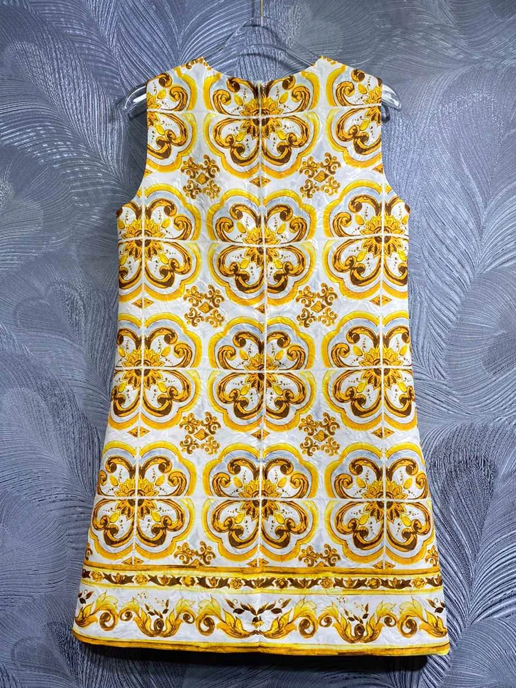 SEQINYY Vest Mini Dress Summer Spring New Fashion Design Women Runway Vintage Yellow Flower Print Jacquard High Street Sicily