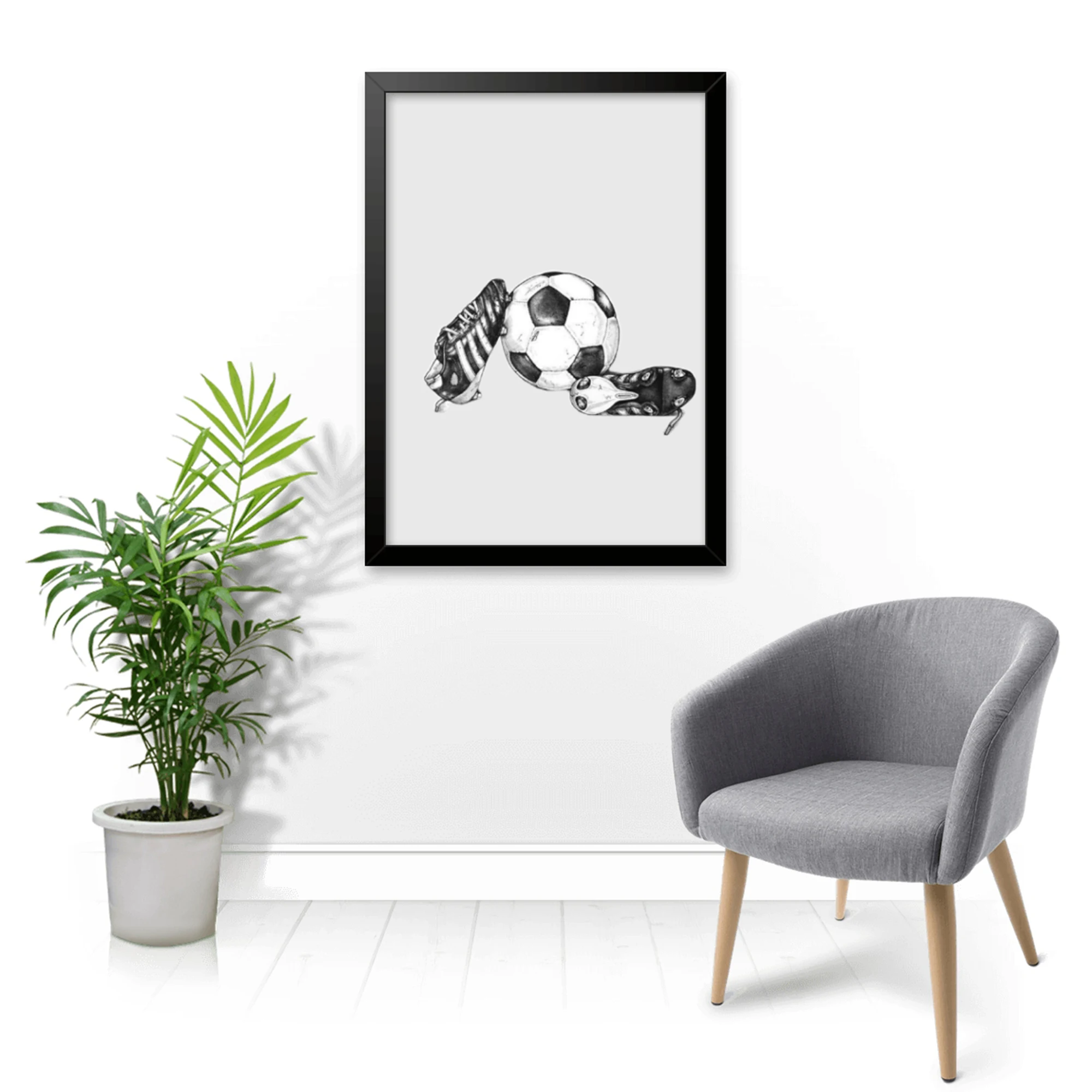 Home Decor White - モダンな白黒のサッカーボールとスパイクのスケッチ。壁掛けアートプリント、キャンバス絵画、ポスター。寝室や家のインテリアに。
