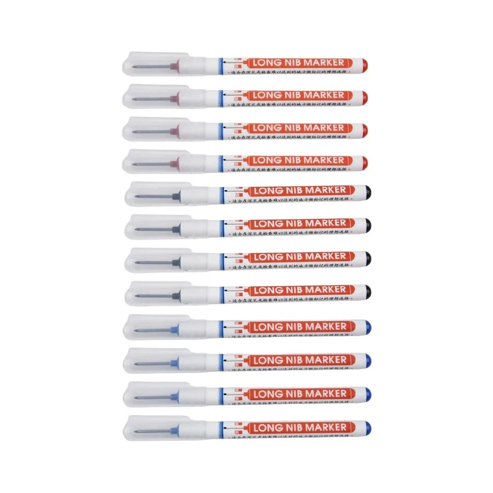 12PCS Deep Hole Marker Pens with Extended Tips for Marking on Wood Metal and Glass in Workshop and Industrial Use