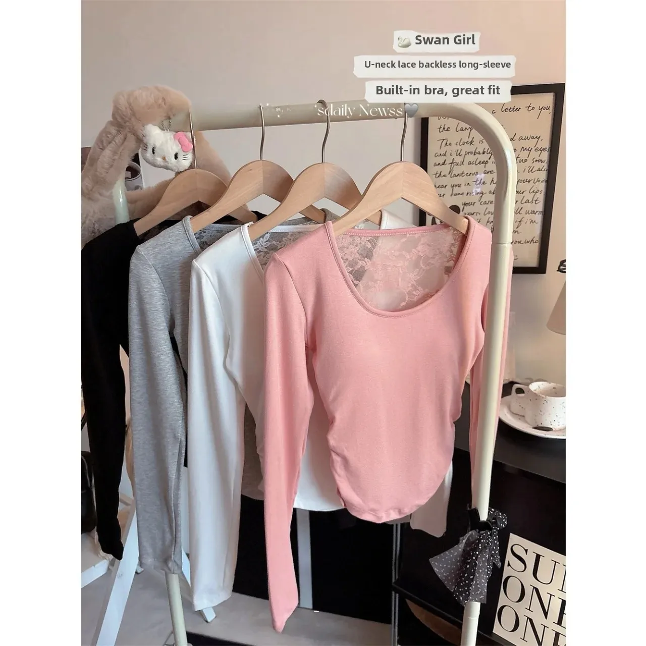 Pure Desire Spicy Girl Lace Hollow out Back Top Women's Autumn Winter Base Shirt Inner Wear Can Be Worn outside with Chest Pad