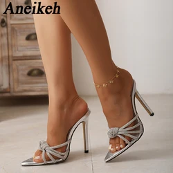 Aneikeh Silver Strap rhinestone heel Mules 2024 Spring New pointed end Sexy High Heel Thin Strap Woman Sandals Dinner Shoes