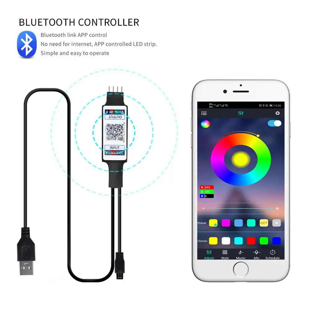 DC5V USB RGB LED Controller With Bluetooth APP and 24-button IR remote control For 5V 4Pin RGB LED Strip Light