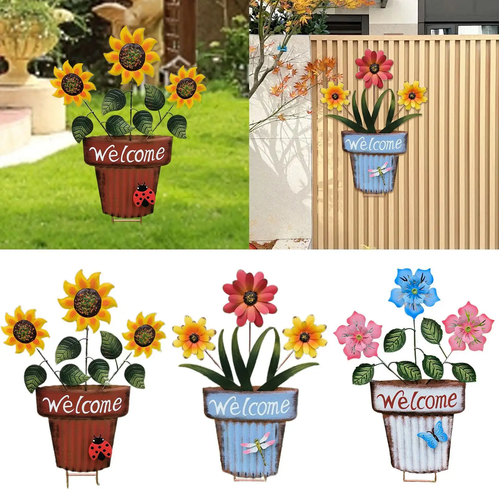 Flower Pot Garden Stake 2D Decor Decoration for Landscape Backyard Pathway