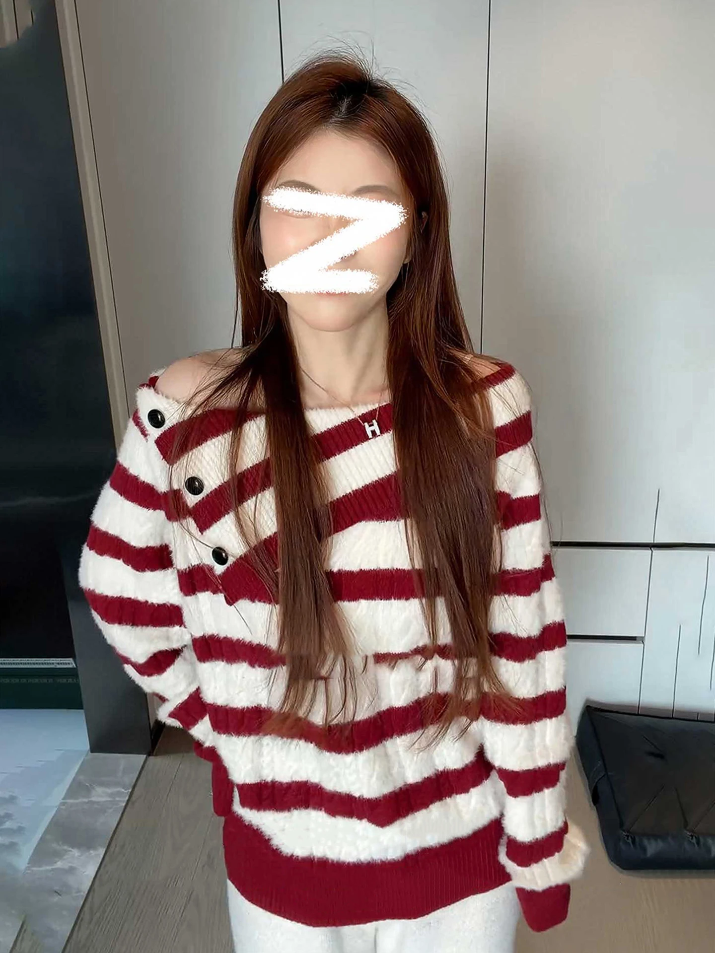 

Корейский мягкий полосатый вязаный свитер с открытыми плечами для женщин, осенне-зимний, универсальный, нежный, свободного кроя