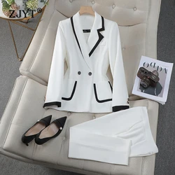 ZJYT Office Lady Hit Block Blazer Pants set per le donne 2 pezzi abiti da donna autunno elegante Office Lady White Outfit pantaloni