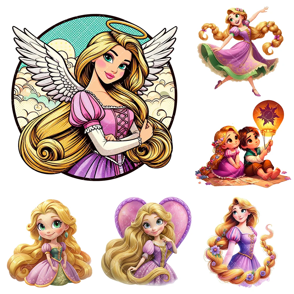 Disney  Rapunzel Princess Iron On Heat Transfer Stickers For Clothes DTF Pinted Vinyl Thermal Appliques Washable T-Shirt Decal