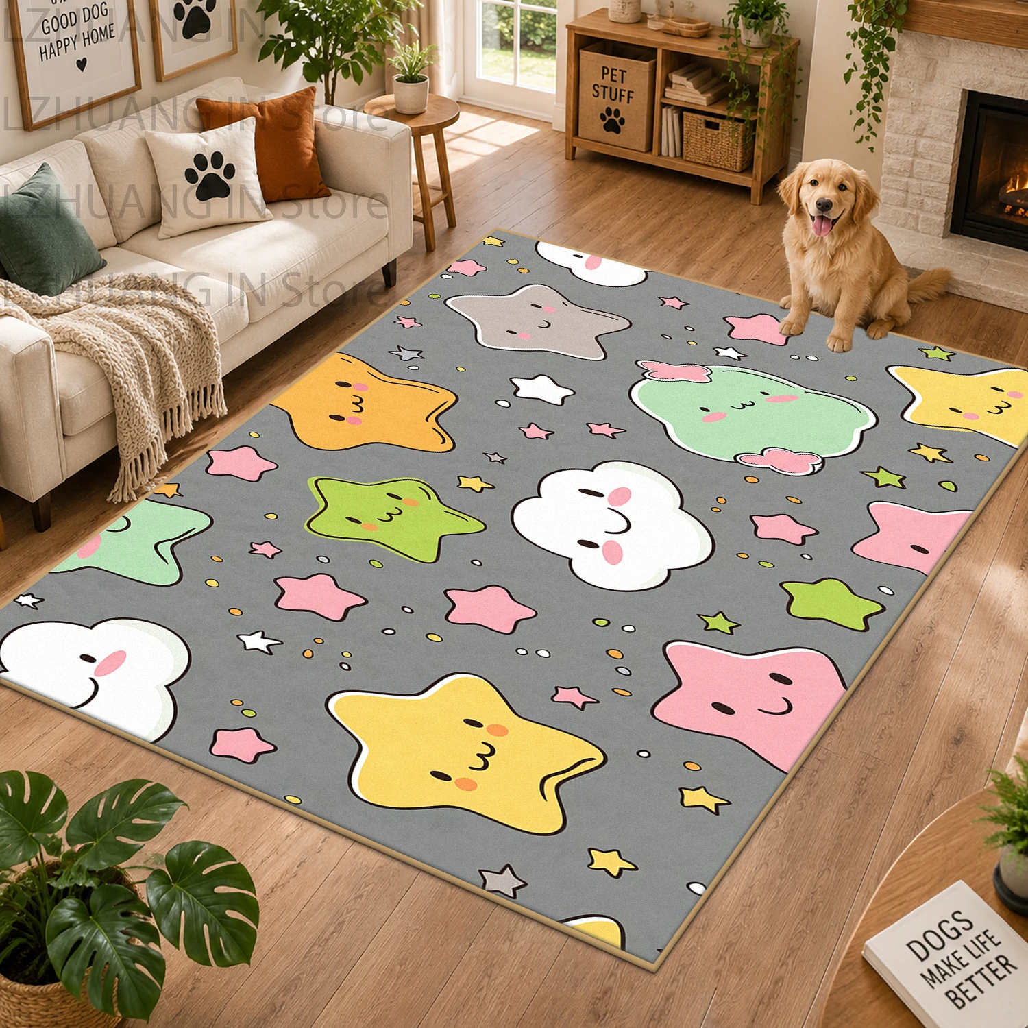 Kawaii Playful Cartoon Graphic Large Living Room Carpet Non-Slip Stain Resistant Pet Friendly Rug Fluffy Washable Bedroom Mat