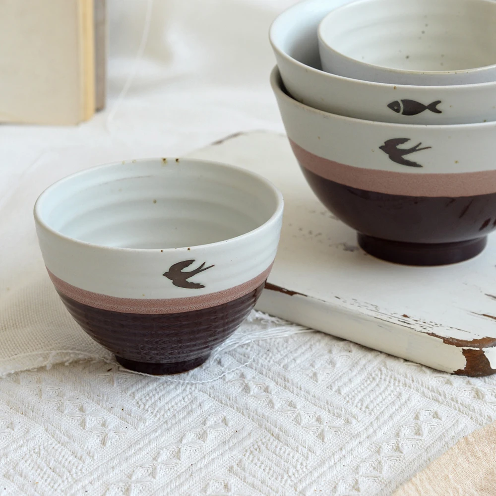 Fish Bird Pattern Color Block Ceramic Bowl Bamboo Hat Shape Rice Bowl Simple Style Salad Bowl Soup Dish for Home Tableware