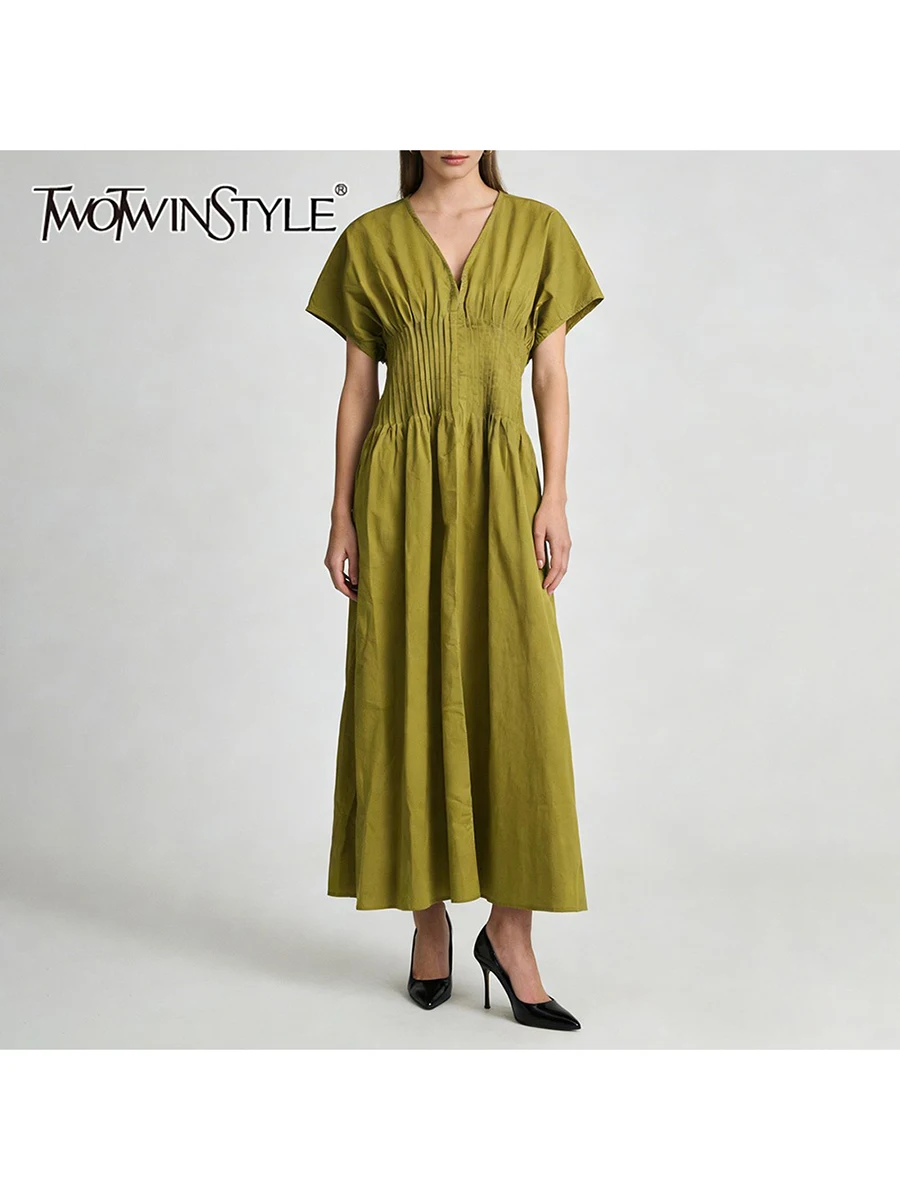 

TWOTWINSTYLE однотонные складные минималистичные платья для женщин с v-образным вырезом без рукавов и высокой талией, элегантное длинное платье, женская одежда, новинка