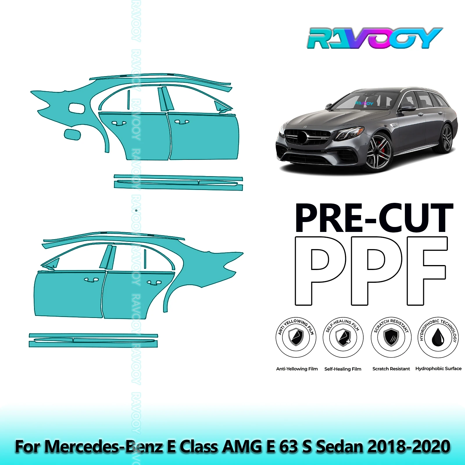 

For Mercedes-Benz E Class AMG E 63 S Sedan 2018-2020 8.5mil Pre-Cut PPF Door & A/B Pillar Kit TPU Paint Protection Film Set