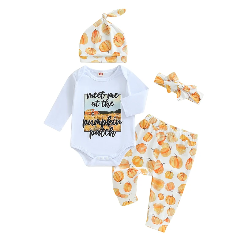 

Newborn Baby Boy Girl Fall Clothes Pumpkin Long Sleeve Romper Pants Set Beanie Hat Headband Infant Halloween Outfit