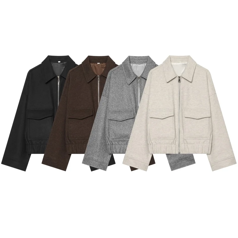 Women Oversized Wool Blend Jacket Zip Up Turn Down Collar Short Coat Vintage Patch Pocket Loose Outerwear Autumn Winter Tops